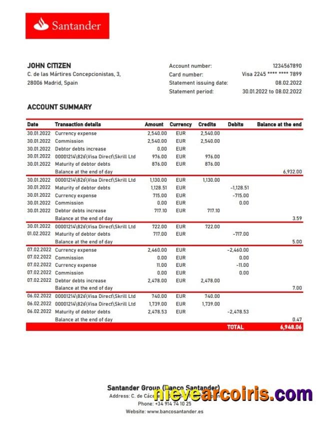 Spain Santander bank statement xls